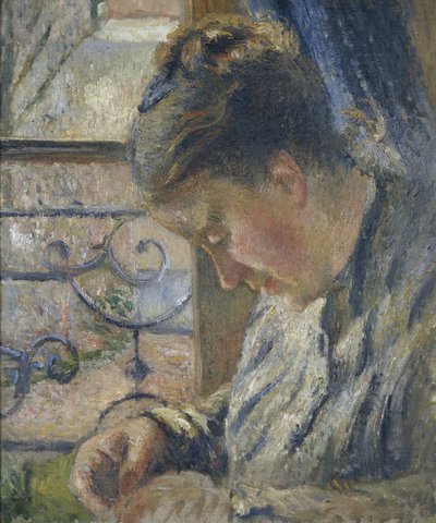 Retrato de Madame Pissarro costurando ao lado de uma janela, século XIX de Camille Jacob Pissarro
